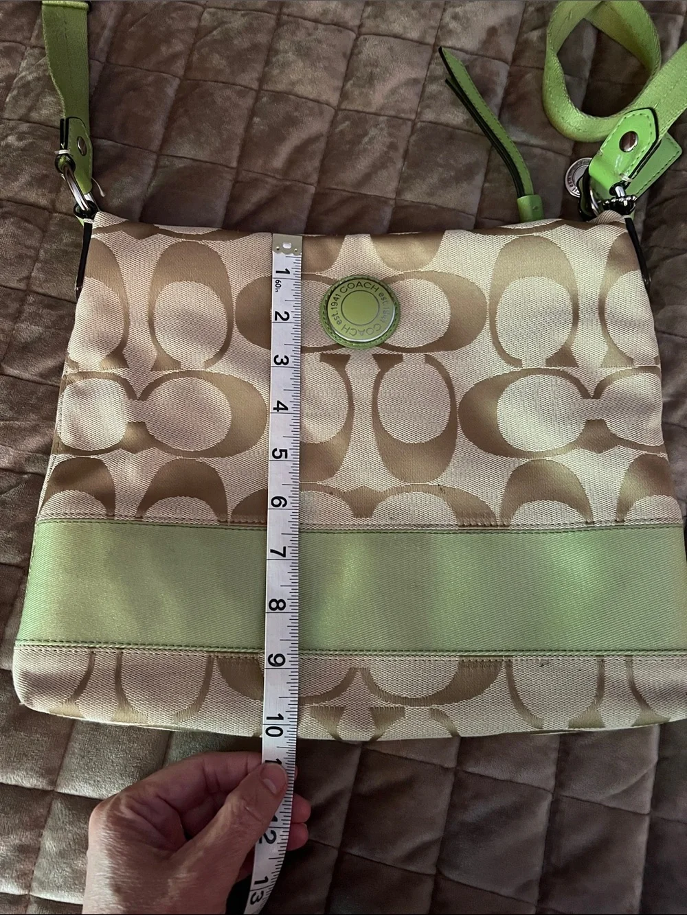 Coach Khaki Signature Crossbody with Lime Trim
